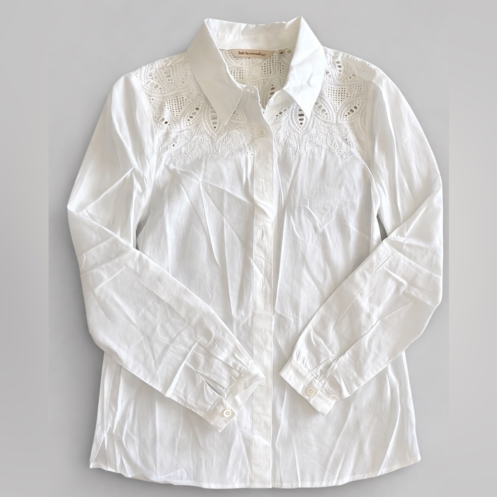 Soft Surroundings White Lace Detail Button Down Top Preppy Coastal Travel Office